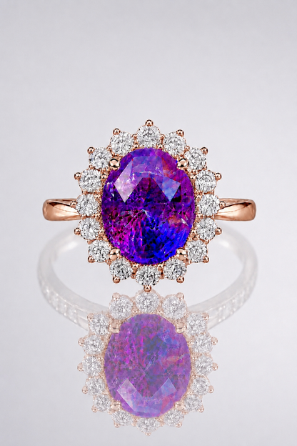 Natural Unheated Purplish Pink Sapphire Diamond Halo Rose Gold Ring