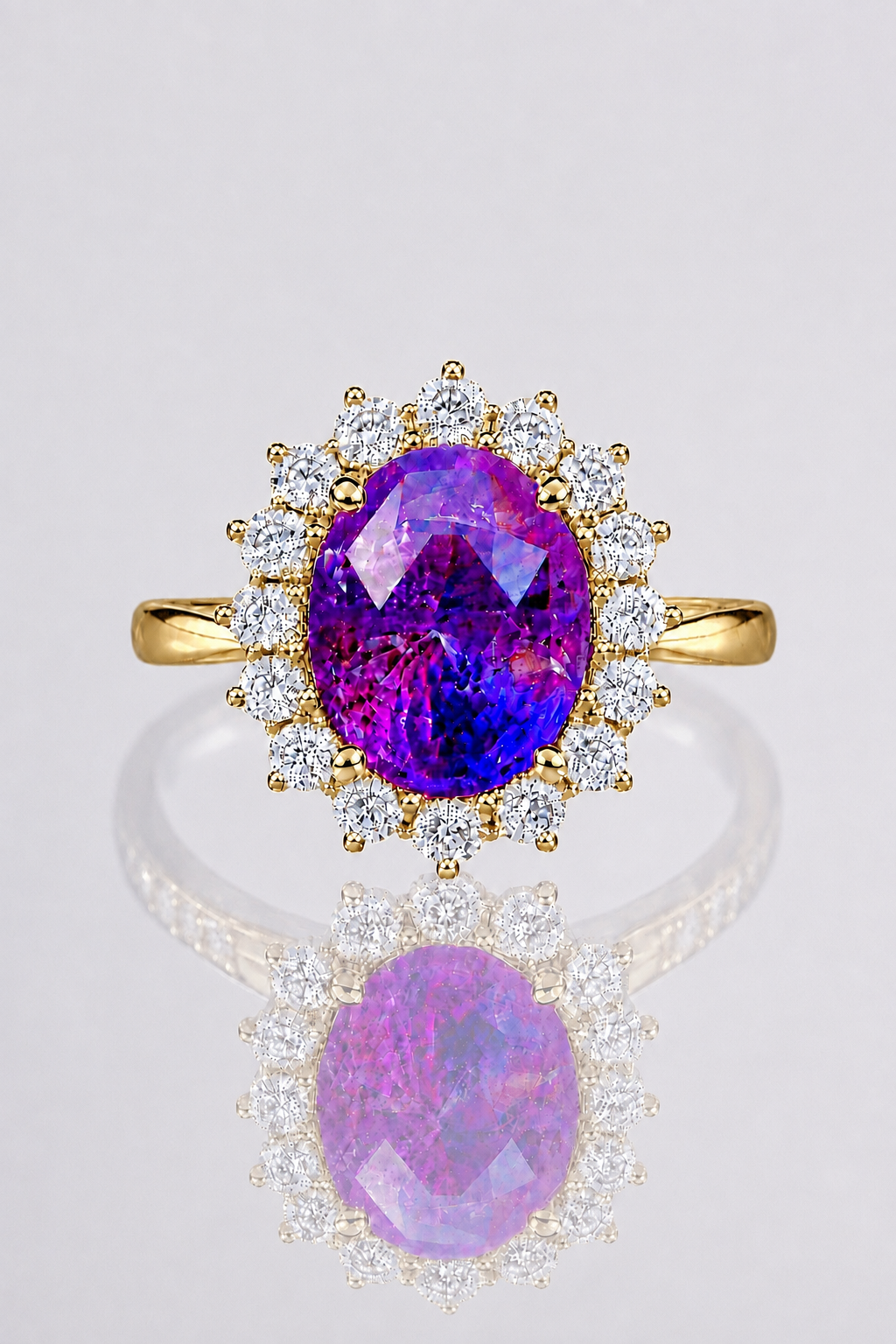 Natural Unheated Purplish Pink Sapphire Diamond Halo Yellow Gold Ring