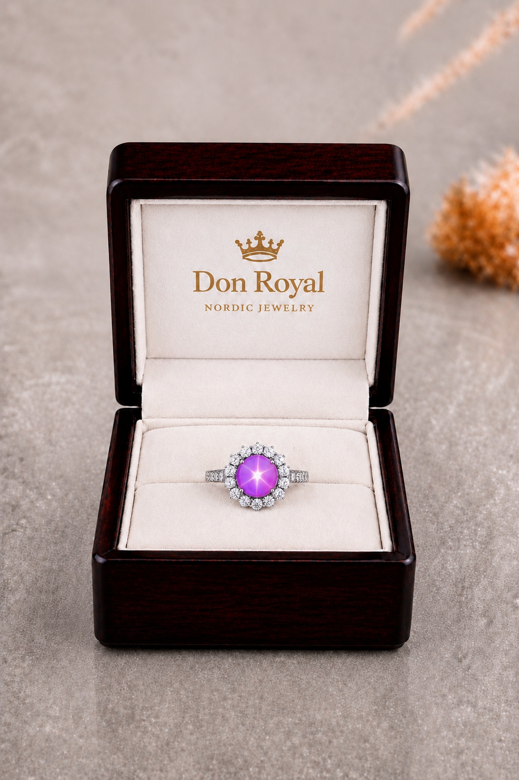 Natural Unheated Purplish Pink Star Sapphire Diamond Halo Handcrafted Gold Ring Box