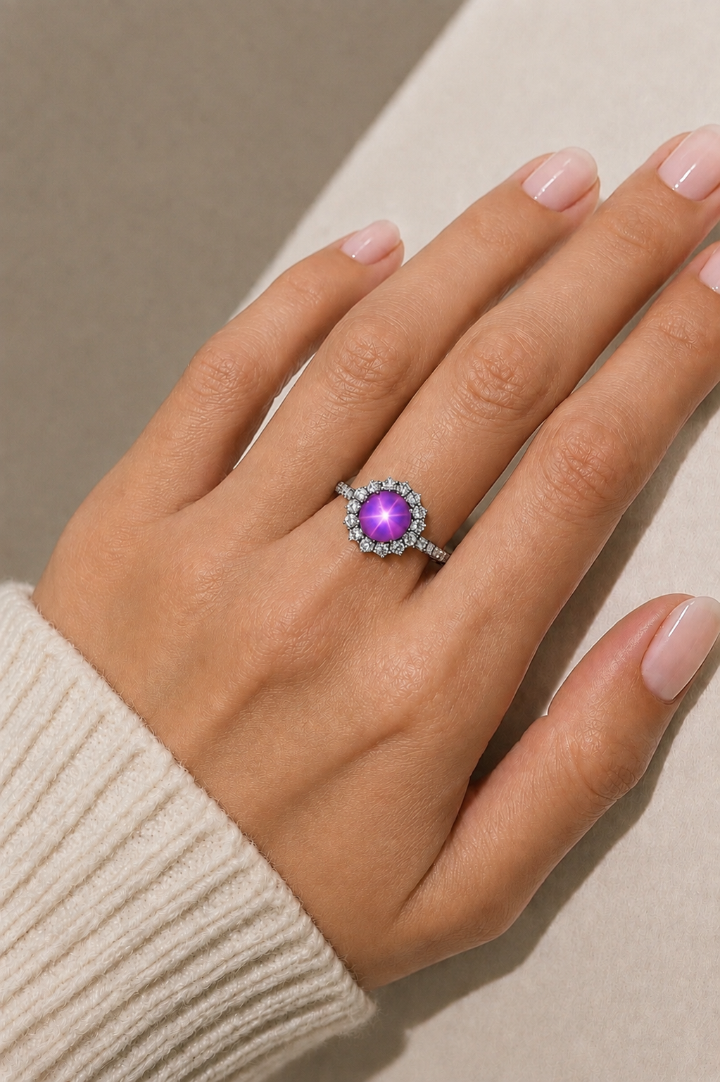 Natural Unheated Purplish Pink Star Sapphire Diamond Halo Handcrafted Gold Ring Model
