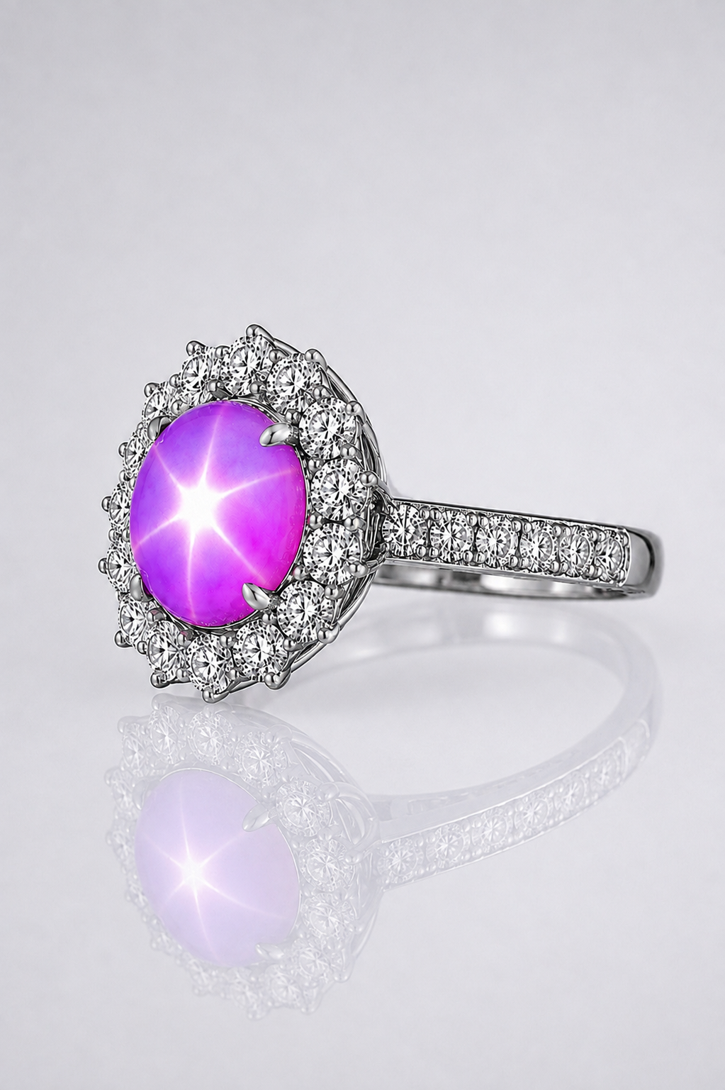 Natural Unheated Purplish Pink Star Sapphire Diamond Halo Handcrafted Platinum Ring