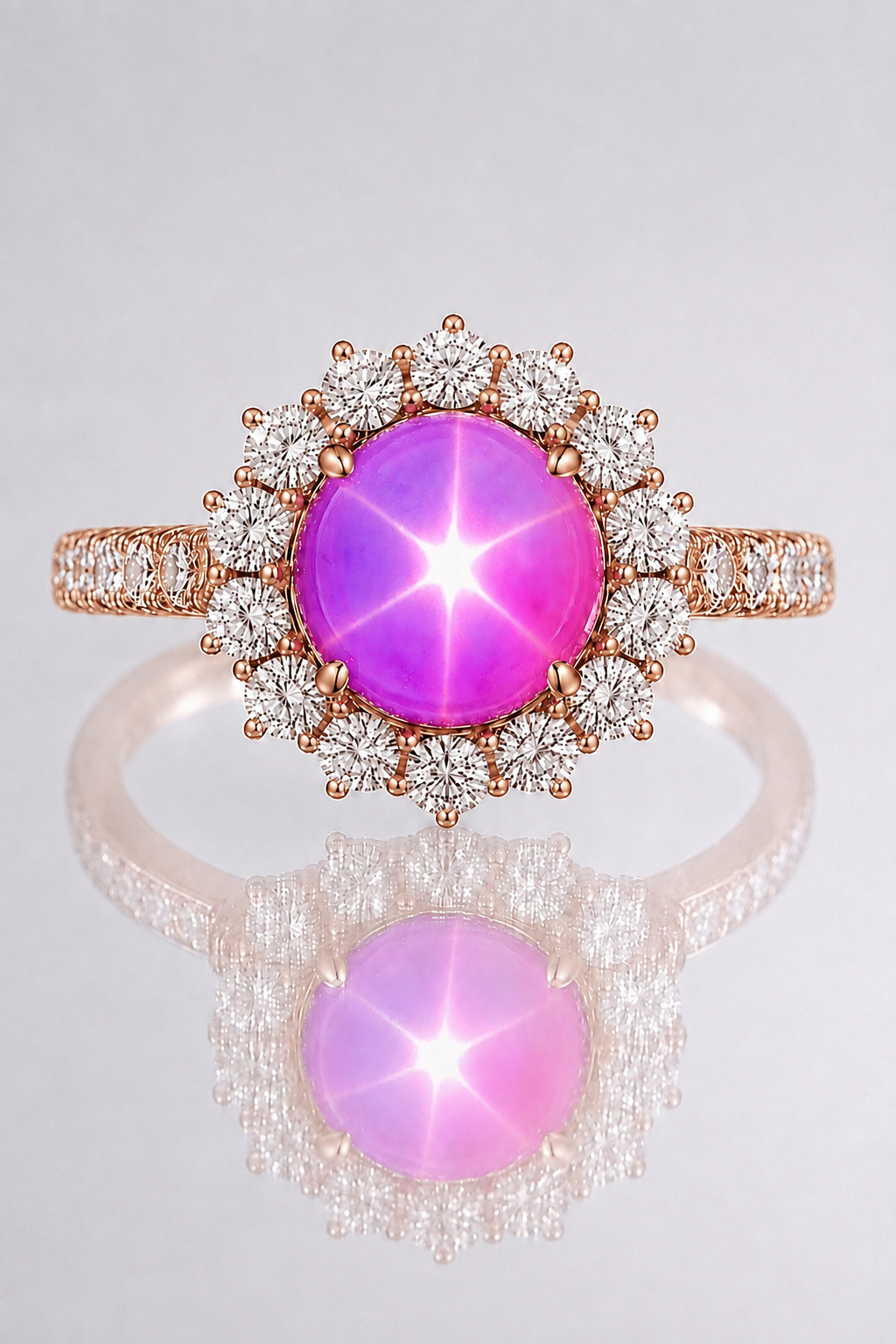 Natural Unheated Purplish Pink Star Sapphire Diamond Halo Handcrafted Rose Gold Ring