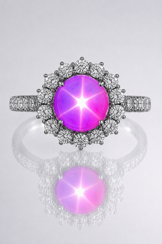 Natural Unheated Purplish Pink Star Sapphire Diamond Halo Handcrafted White Gold Ring