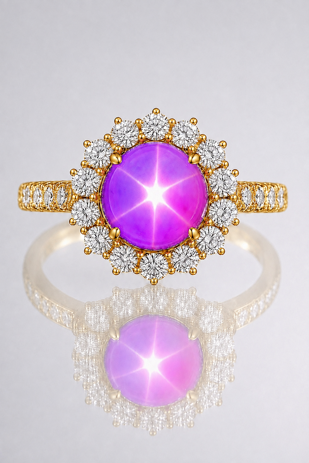 Natural Unheated Purplish Pink Star Sapphire Diamond Halo Handcrafted Yellow Gold Ring
