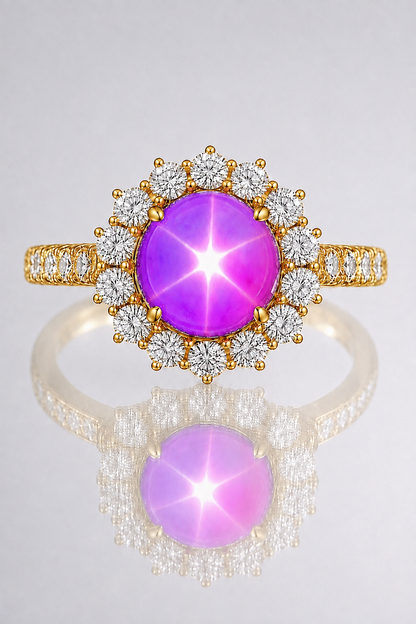 Natural Unheated Purplish Pink Star Sapphire Diamond Halo Handcrafted Yellow Gold Ring