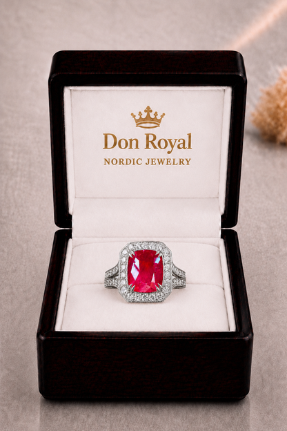 Natural Unheated Red Ruby Diamond Halo Handcrafted Gold Ring Box