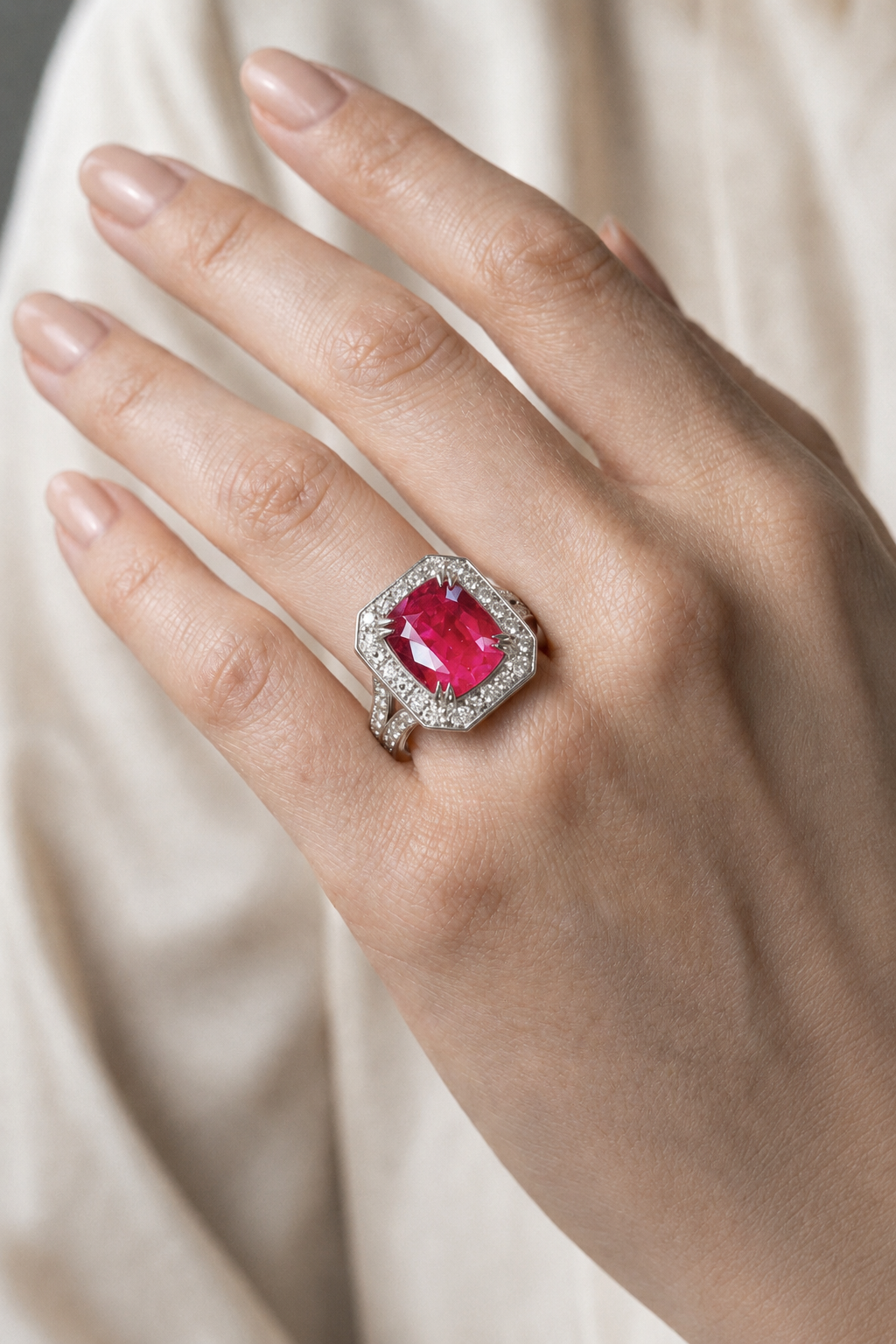 Natural Unheated Red Ruby Diamond Halo Handcrafted Gold Ring Model
