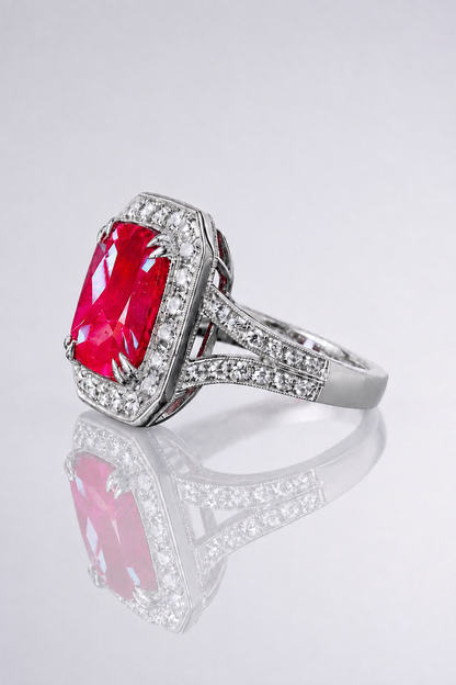 Natural Unheated Red Ruby Diamond Halo Handcrafted Platinum Ring