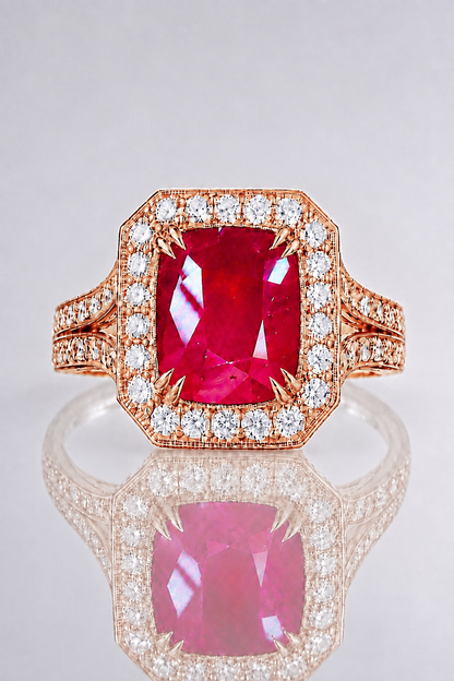 Natural Unheated Red Ruby Diamond Halo Handcrafted Rose Gold Ring