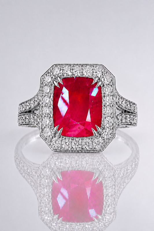 Natural Unheated Red Ruby Diamond Halo Handcrafted White Gold Ring