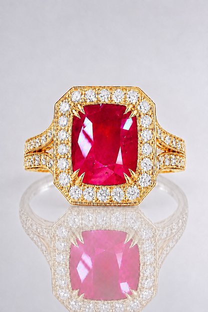 Natural Unheated Red Ruby Diamond Halo Handcrafted Yellow Gold Ring