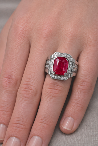 Natural Unheated Red Ruby Diamond Handcrafted Gold Men’s Ring Model