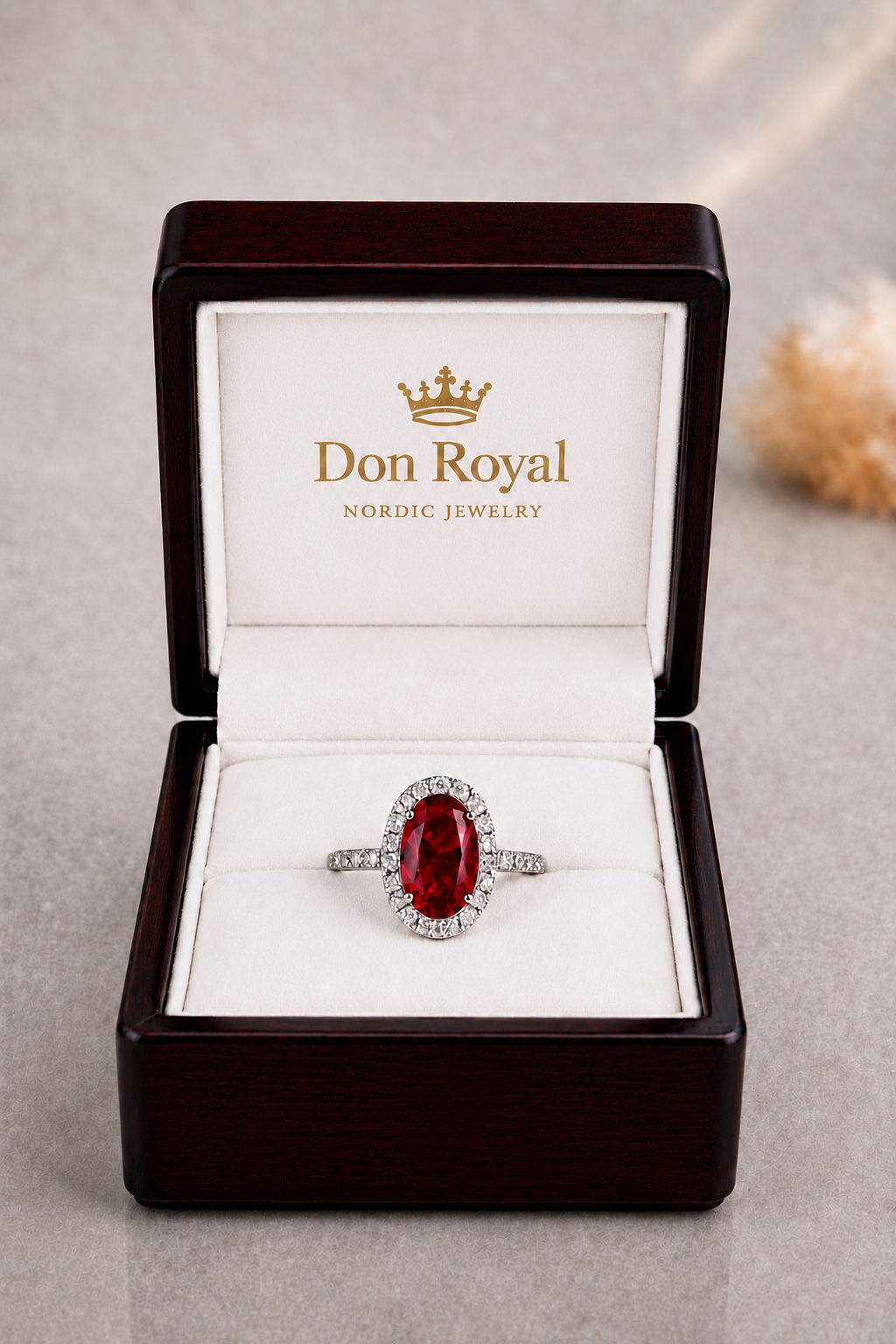 Natural Unheated Red Ruby Diamond Handcrafted Halo Gold Ring Box