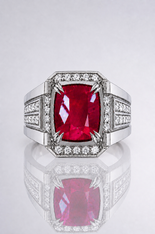 Natural Unheated Red Ruby Diamond Handcrafted White Gold Men’s Ring