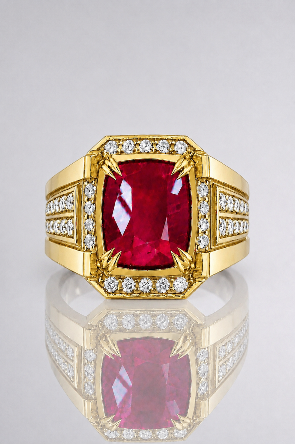 Natural Unheated Red Ruby Diamond Handcrafted Yellow Gold Men’s Ring