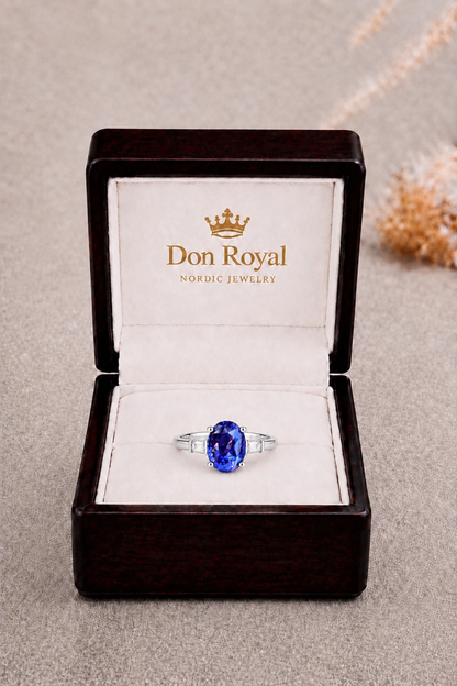 Natural Unheated Violet Sapphire Diamond Trilogy Handcrafted Gold Ring Box
