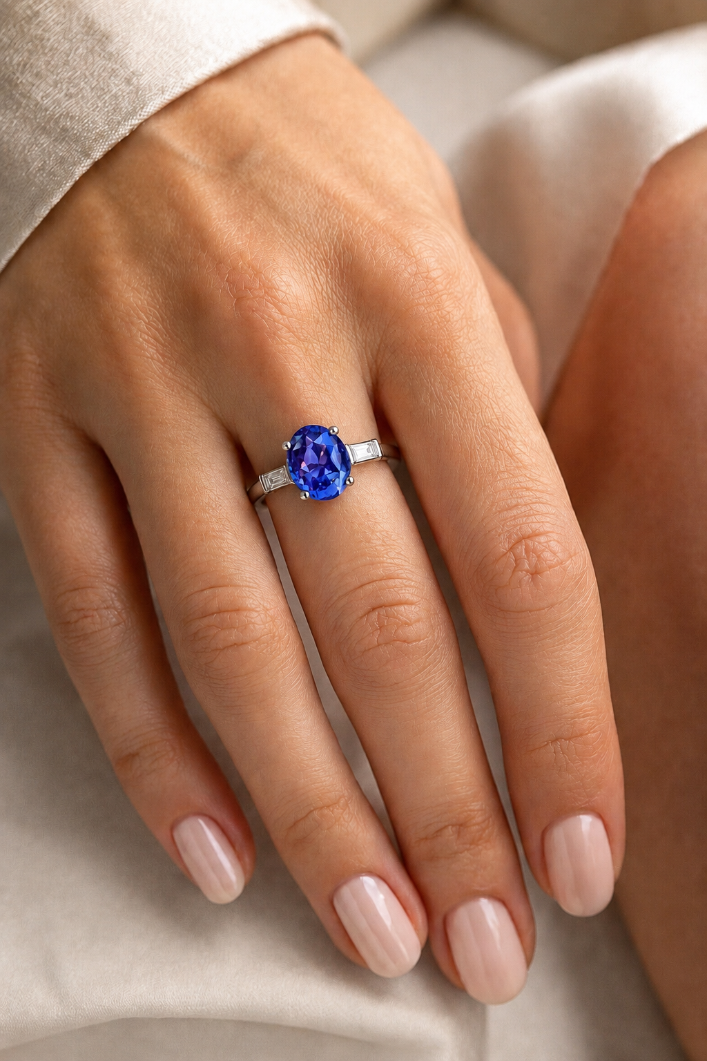 Natural Unheated Violet Sapphire Diamond Trilogy Handcrafted Gold Ring Model