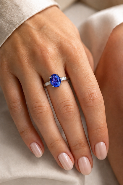 Natural Unheated Violet Sapphire Diamond Trilogy Handcrafted Gold Ring Model