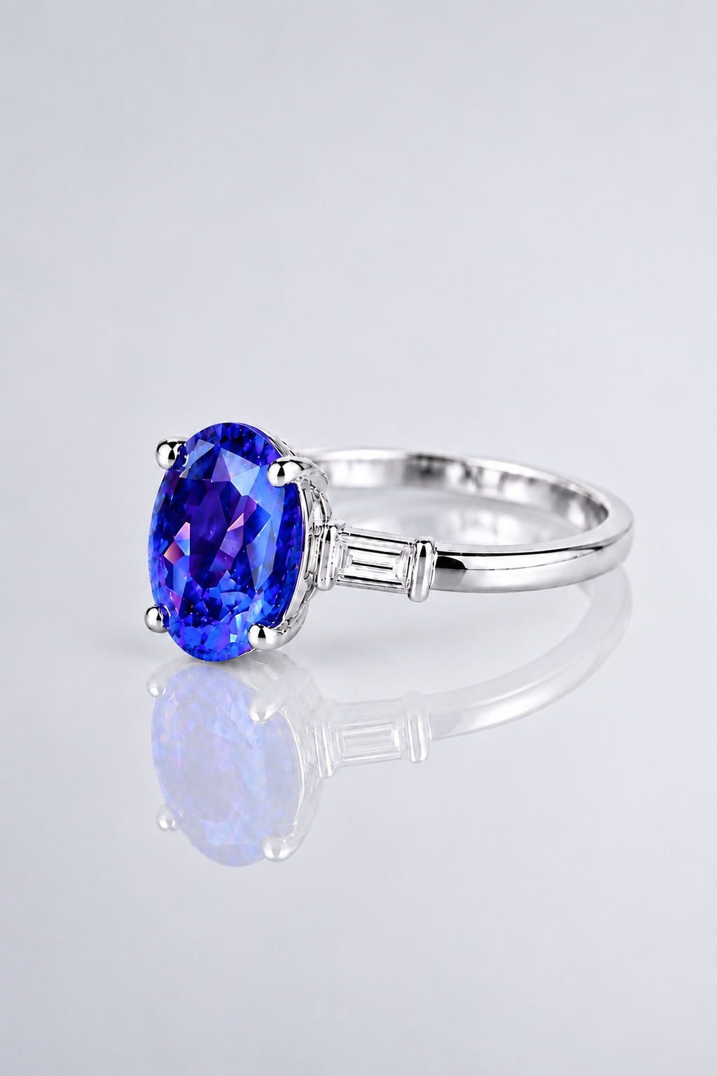 Natural Unheated Violet Sapphire Diamond Trilogy Handcrafted Platinum Ring