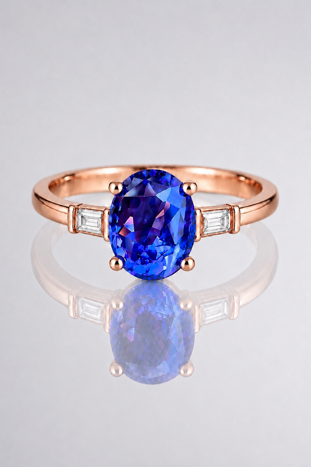 Natural Unheated Violet Sapphire Diamond Trilogy Handcrafted Rose Gold Ring