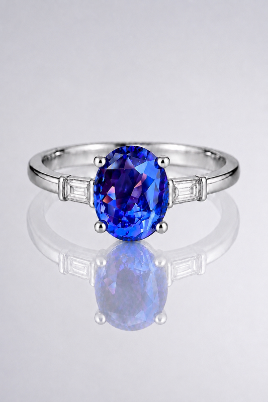 Natural Unheated Violet Sapphire Diamond Trilogy Handcrafted White Gold Ring