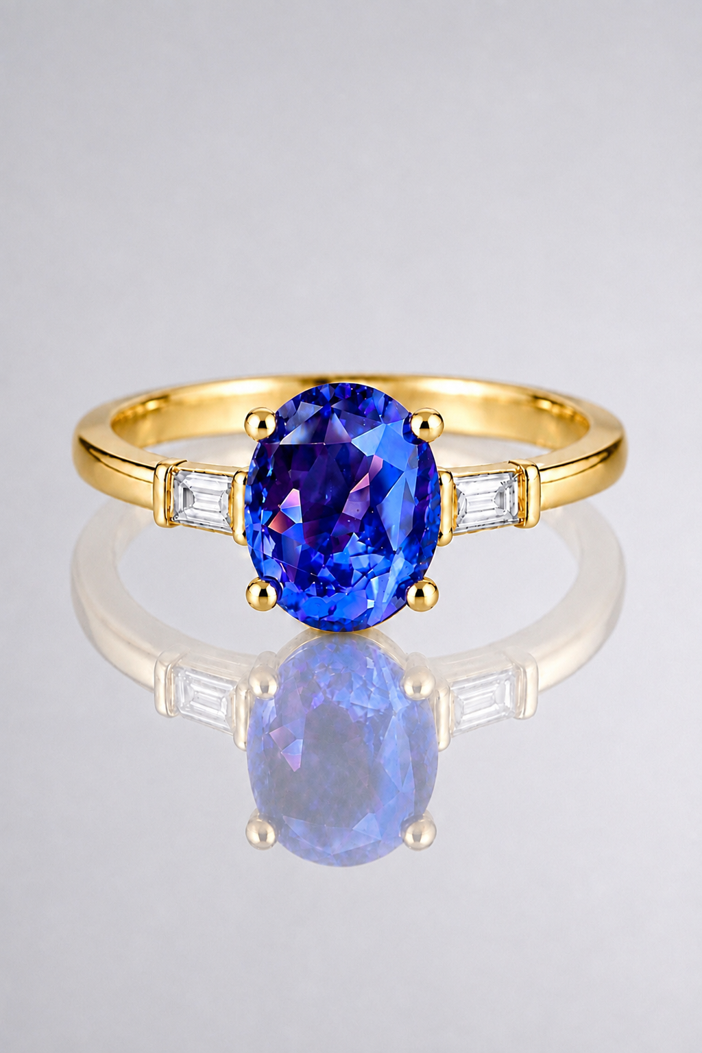 Natural Unheated Violet Sapphire Diamond Trilogy Handcrafted Yellow Gold Ring