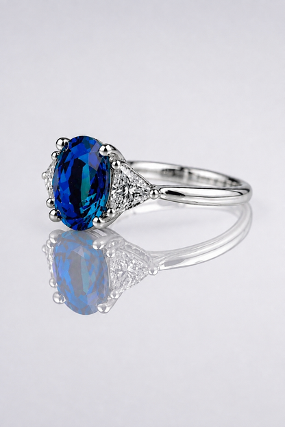 Natural Violet Green Blue Spinel Diamond Trilogy Handcrafted Platinum Ring
