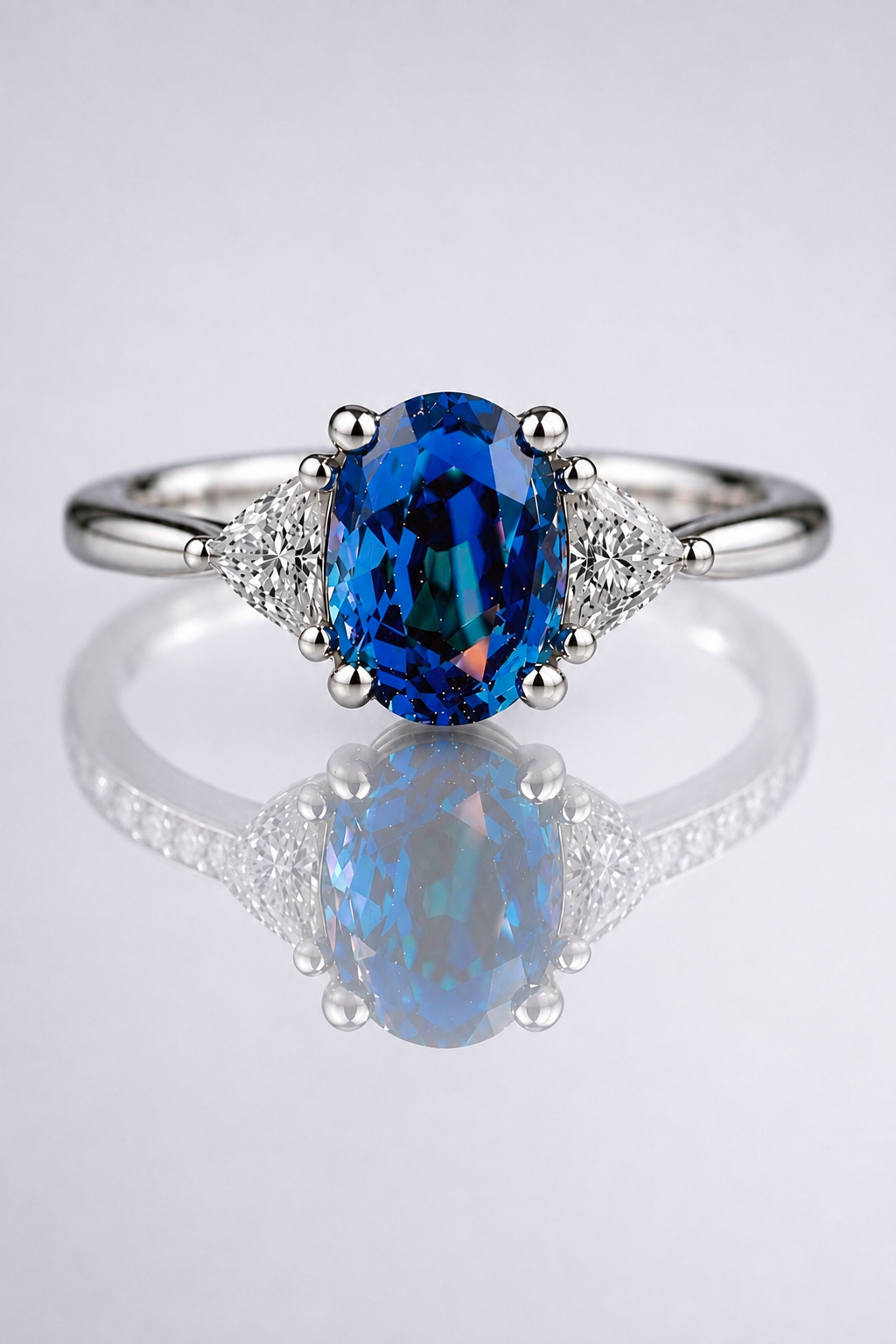 Natural Violet Green Blue Spinel Diamond Trilogy Handcrafted White Gold Ring