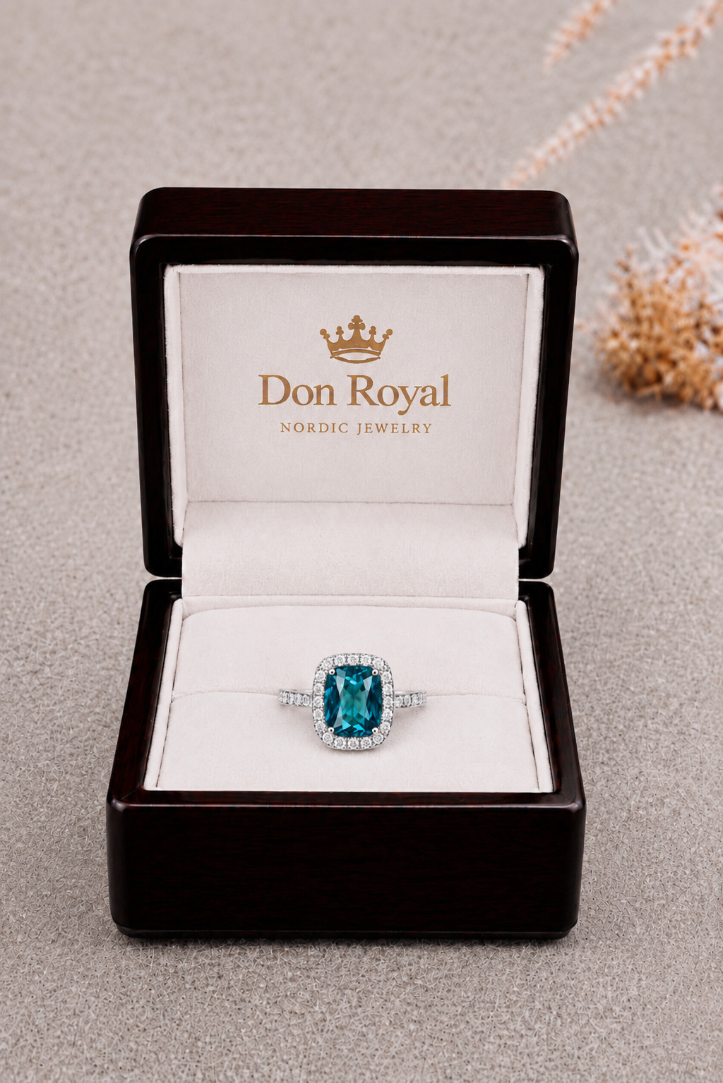 Natural Violetish Green Blue Spinel Diamond Halo Handcrafted Gold Ring Box