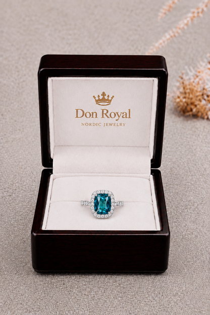 Natural Violetish Green Blue Spinel Diamond Halo Handcrafted Gold Ring Box
