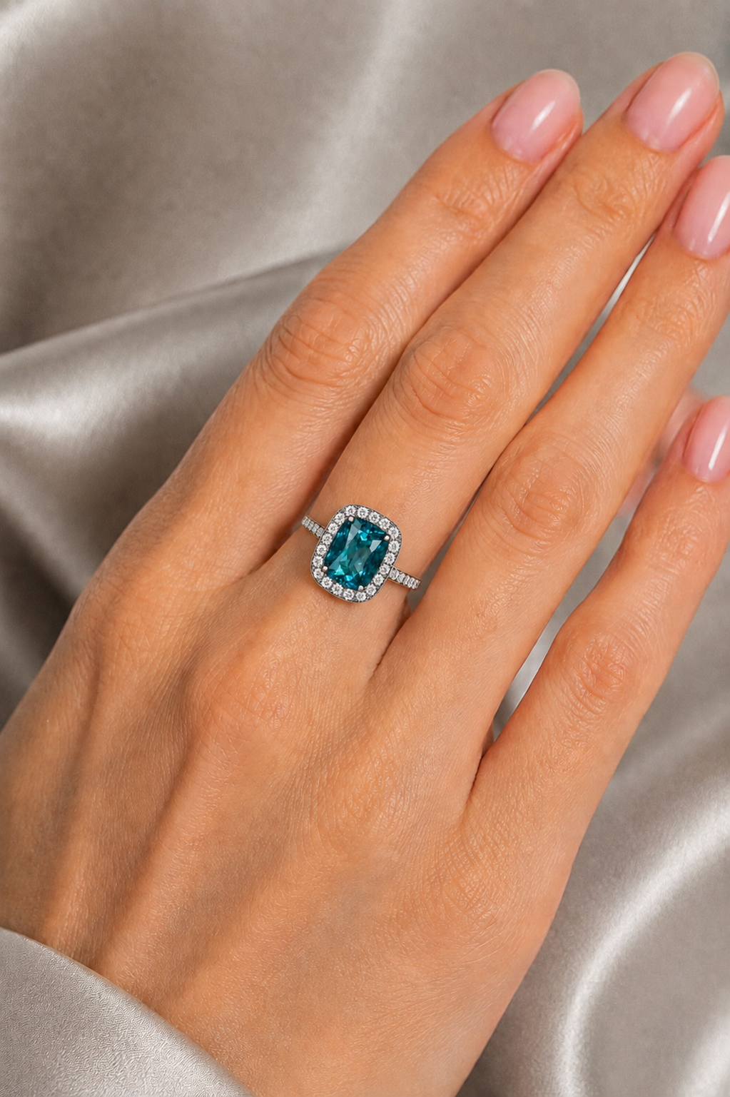 Natural Violetish Green Blue Spinel Diamond Halo Handcrafted Gold Ring Model