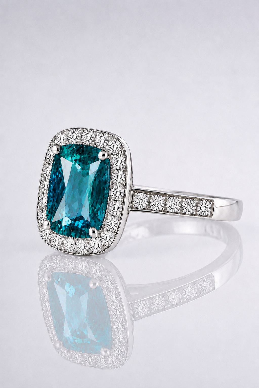 Natural Violetish Green Blue Spinel Diamond Halo Handcrafted Platinum Ring
