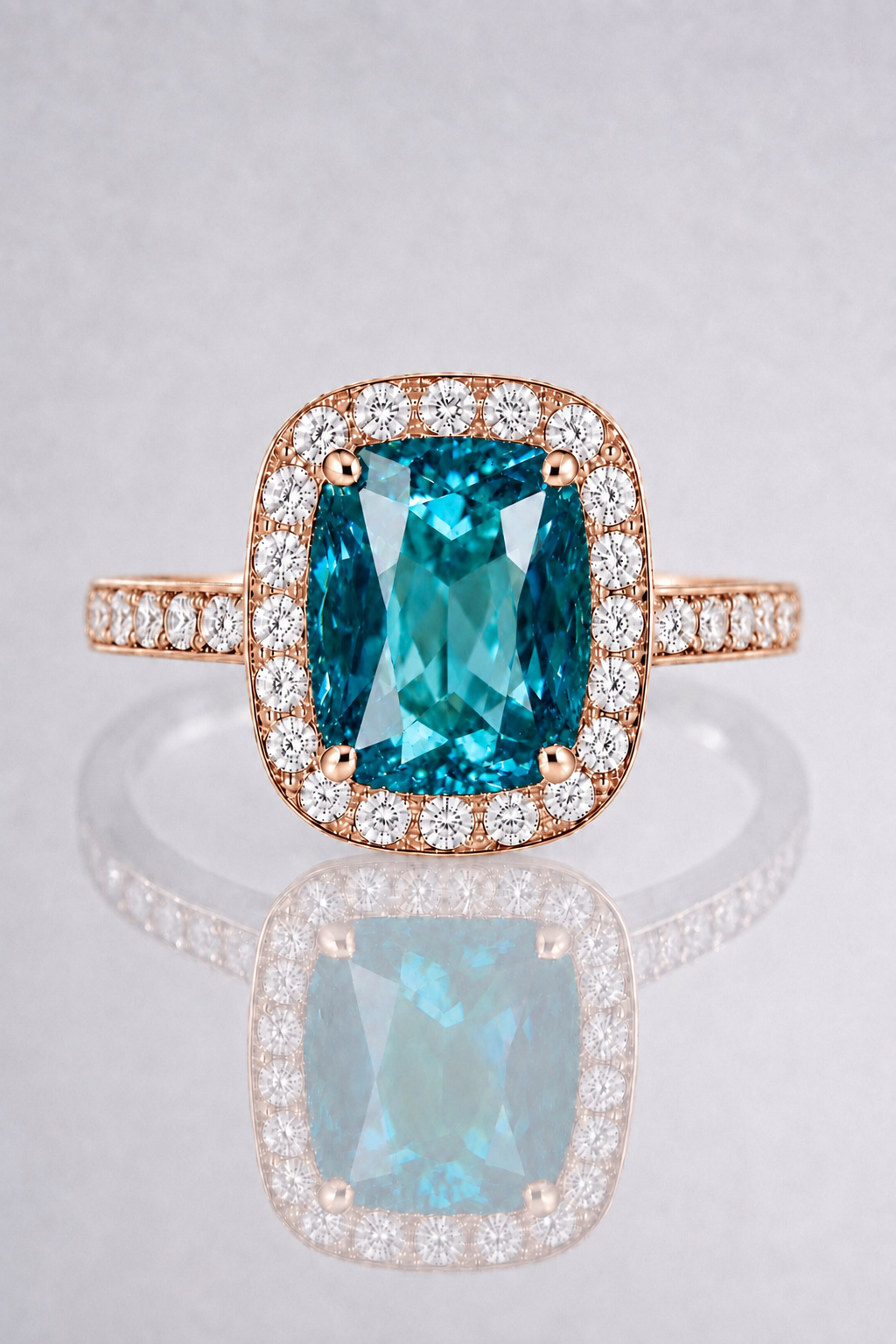 Natural Violetish Green Blue Spinel Diamond Halo Handcrafted Rose Gold Ring
