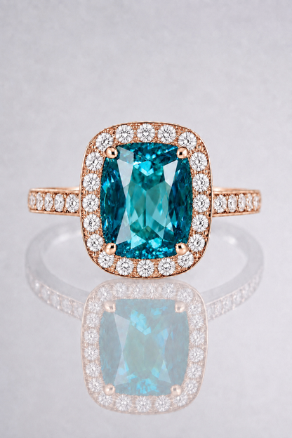 Natural Violetish Green Blue Spinel Diamond Halo Handcrafted Rose Gold Ring