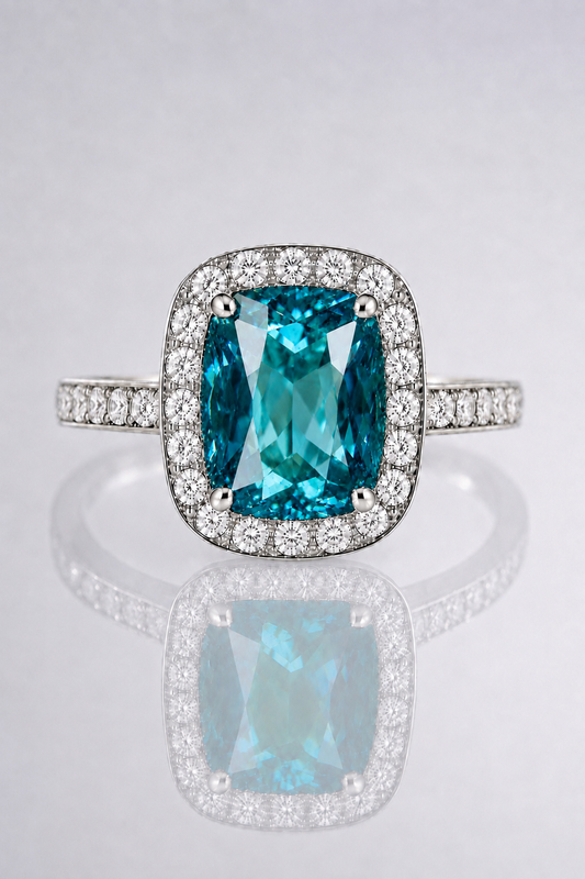 Natural Violetish Green Blue Spinel Diamond Halo Handcrafted White Gold Ring