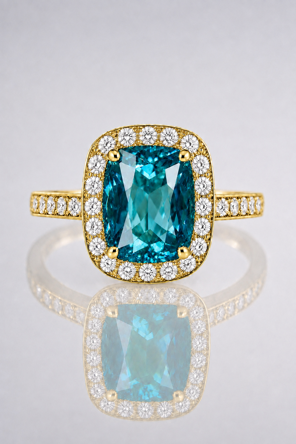 Natural Violetish Green Blue Spinel Diamond Halo Handcrafted Yellow Gold Ring
