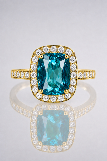 Natural Violetish Green Blue Spinel Diamond Halo Handcrafted Yellow Gold Ring
