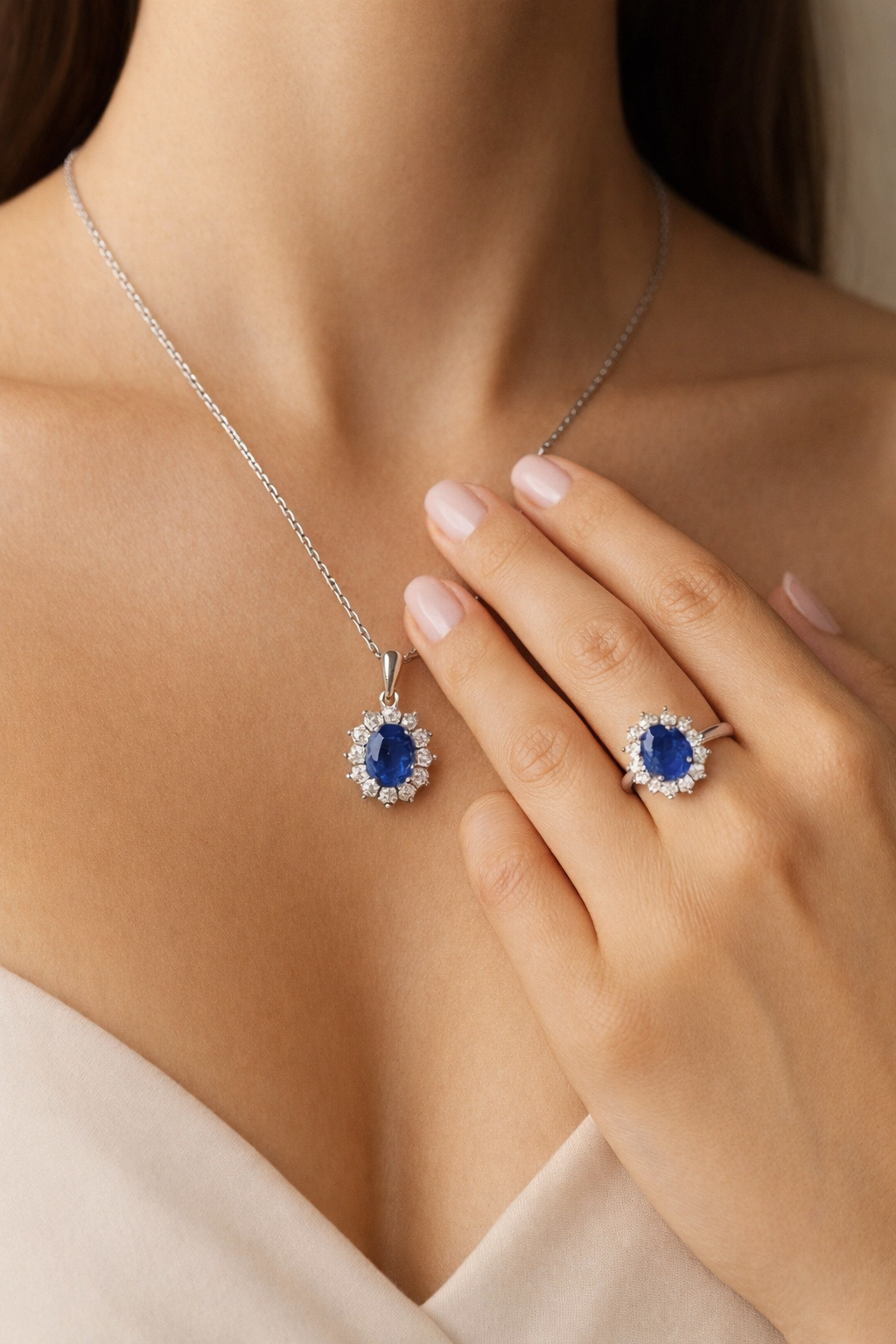 Natural Vivid Blue Sapphire Diamond Halo Gold Pendant Necklace Model