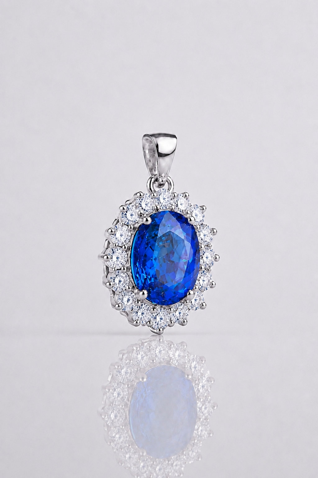 Natural Vivid Blue Sapphire Diamond Halo Platinum Pendant Necklace