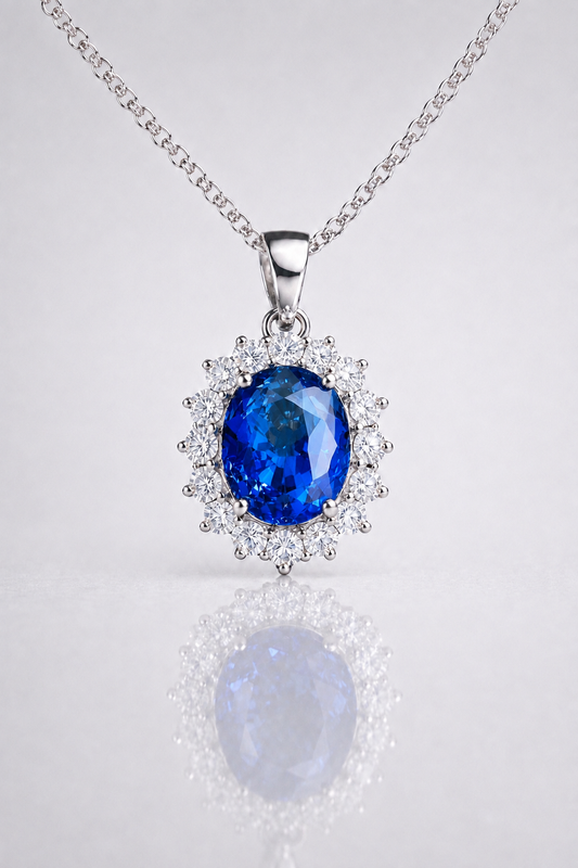 Natural Vivid Blue Sapphire Diamond Halo White Gold Pendant Necklace