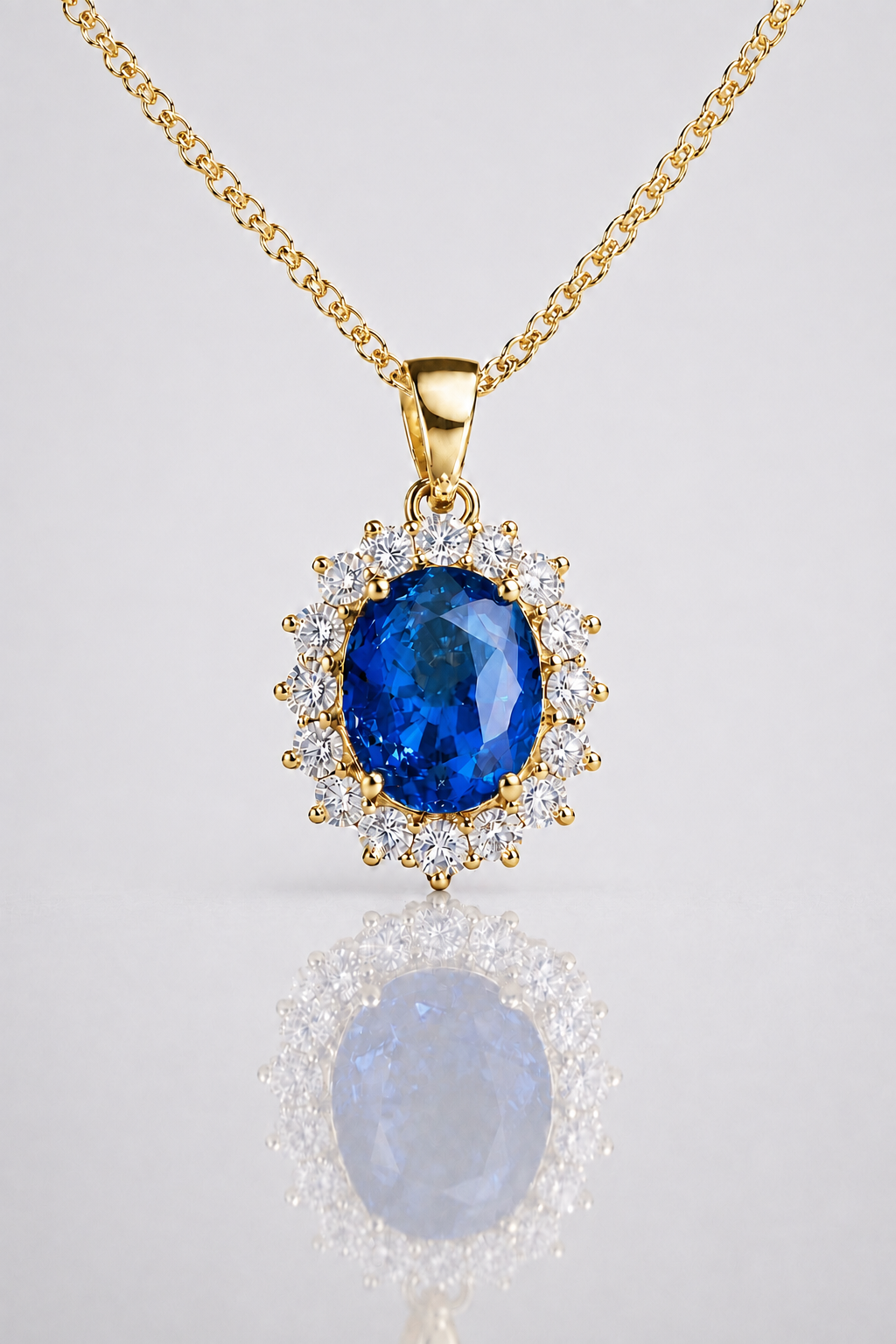 Natural Vivid Blue Sapphire Diamond Halo Yellow Gold Pendant Necklace