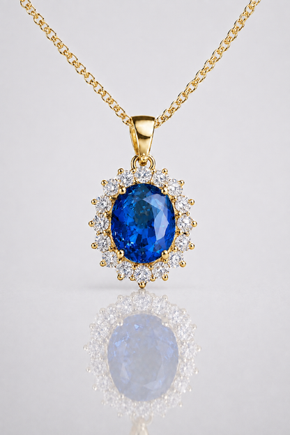 Natural Vivid Blue Sapphire Diamond Halo Yellow Gold Pendant Necklace