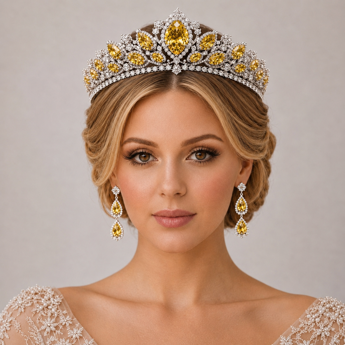 Natural Yellow Sapphire Diamond Handcrafted Gold Tiara Model