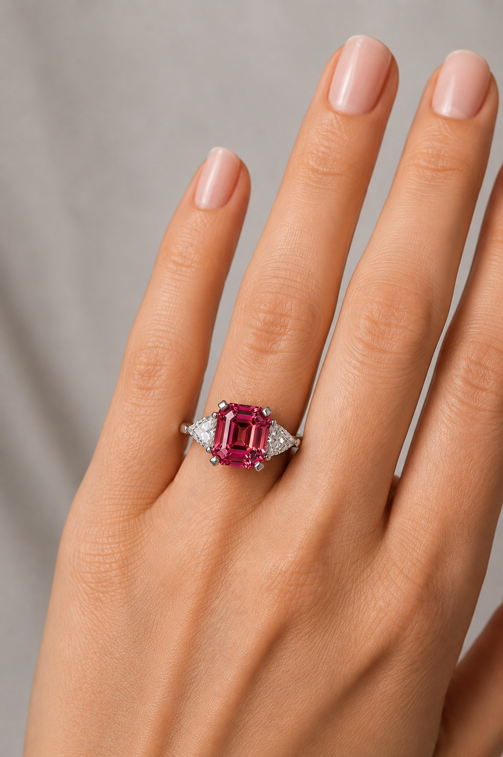 Color Changing Purplish Pink Sapphire & Diamond Trilogy Ring