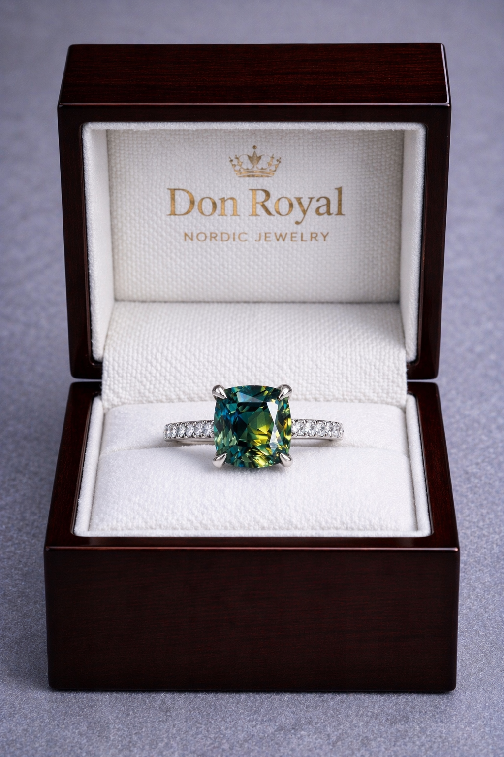 GIA certified bicolor sapphire and diamond Aurora ring handcrafted by Don Royal in white, yellow or rose gold and platinum