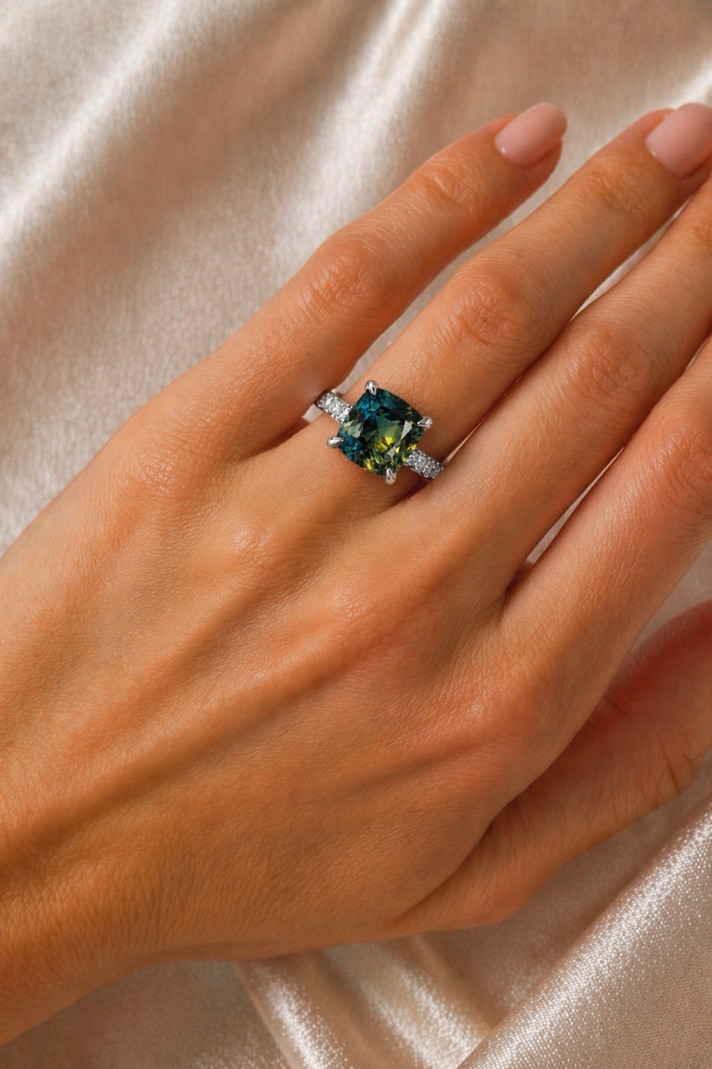 GIA certified bicolor sapphire and diamond Aurora ring handcrafted by Don Royal in white, yellow or rose gold and platinum