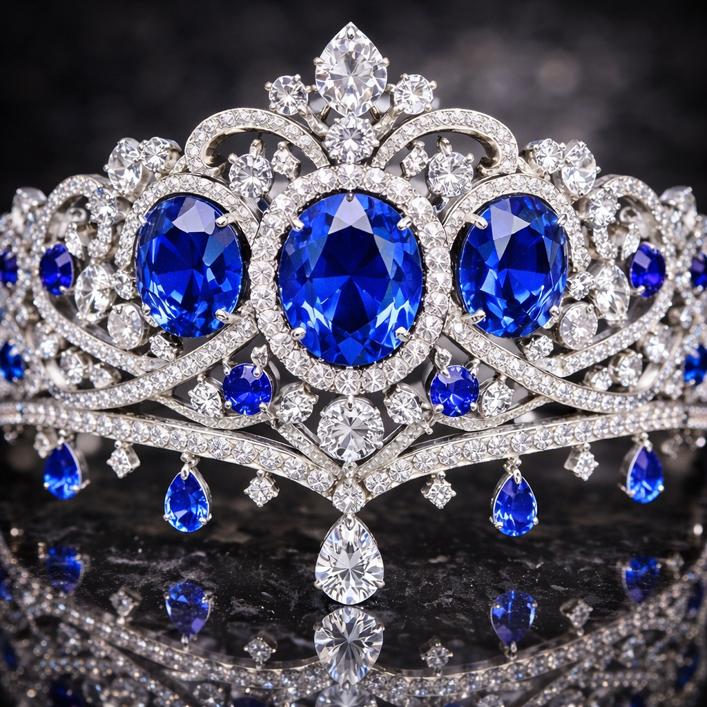 blue sapphire diamond white gold tiara macro