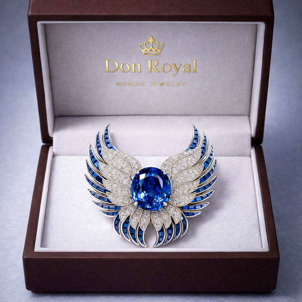 royal blue sapphire diamond brooch in box
