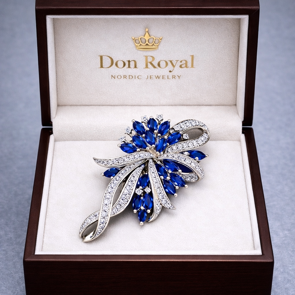 blue sapphire diamond brooch in box
