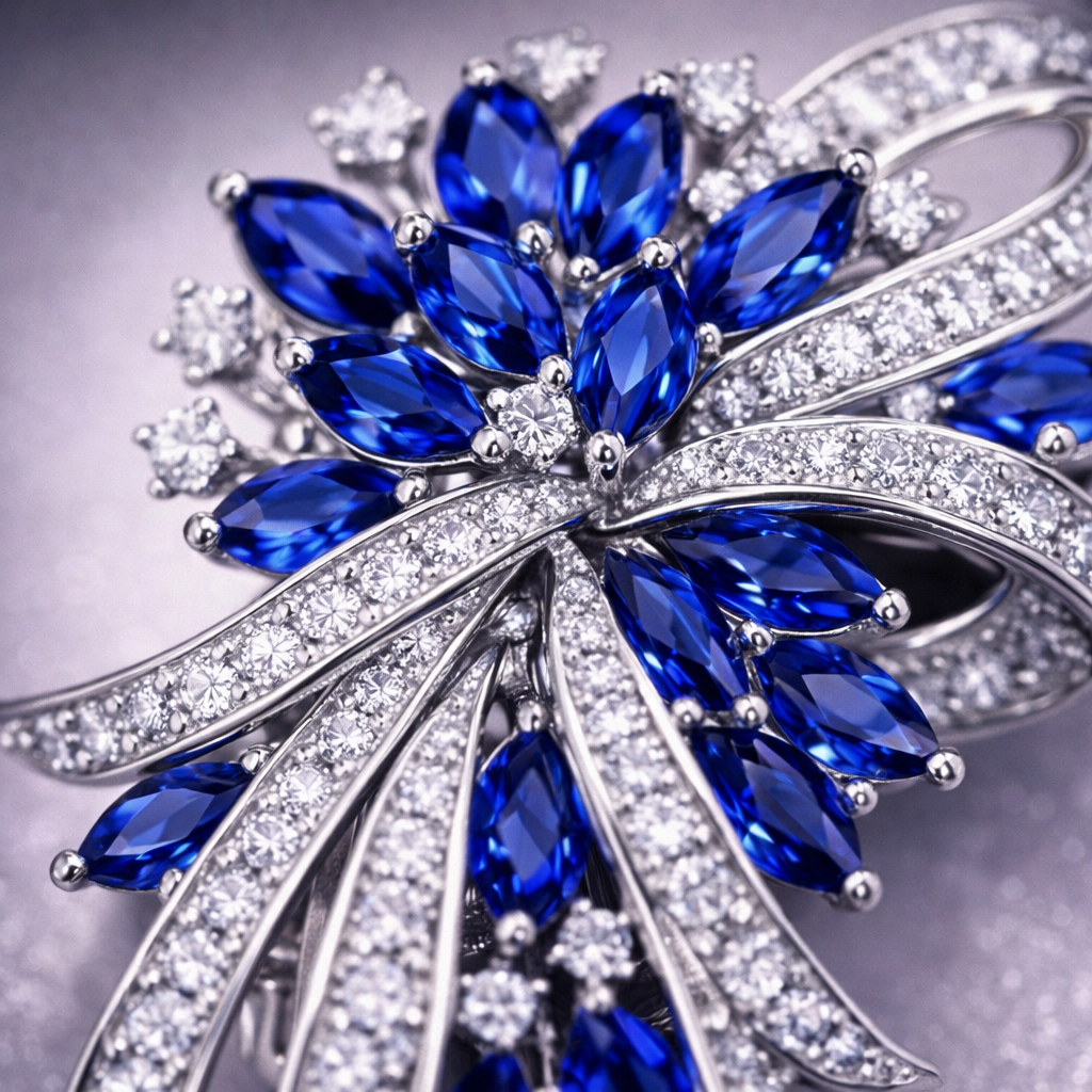 blue sapphire diamond platinum brooch macro